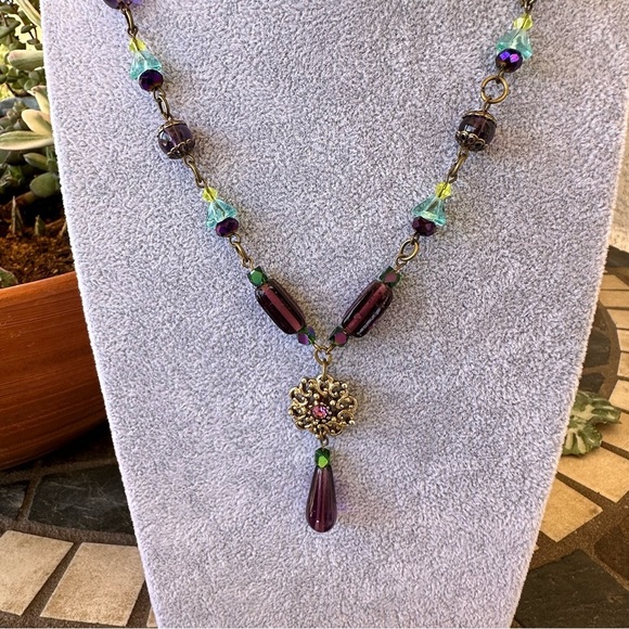 Hand Crafted Jewelry - New - Hand Crafted Necklace - Purple, Green & Aqua, Repurposed Vintage Pendant